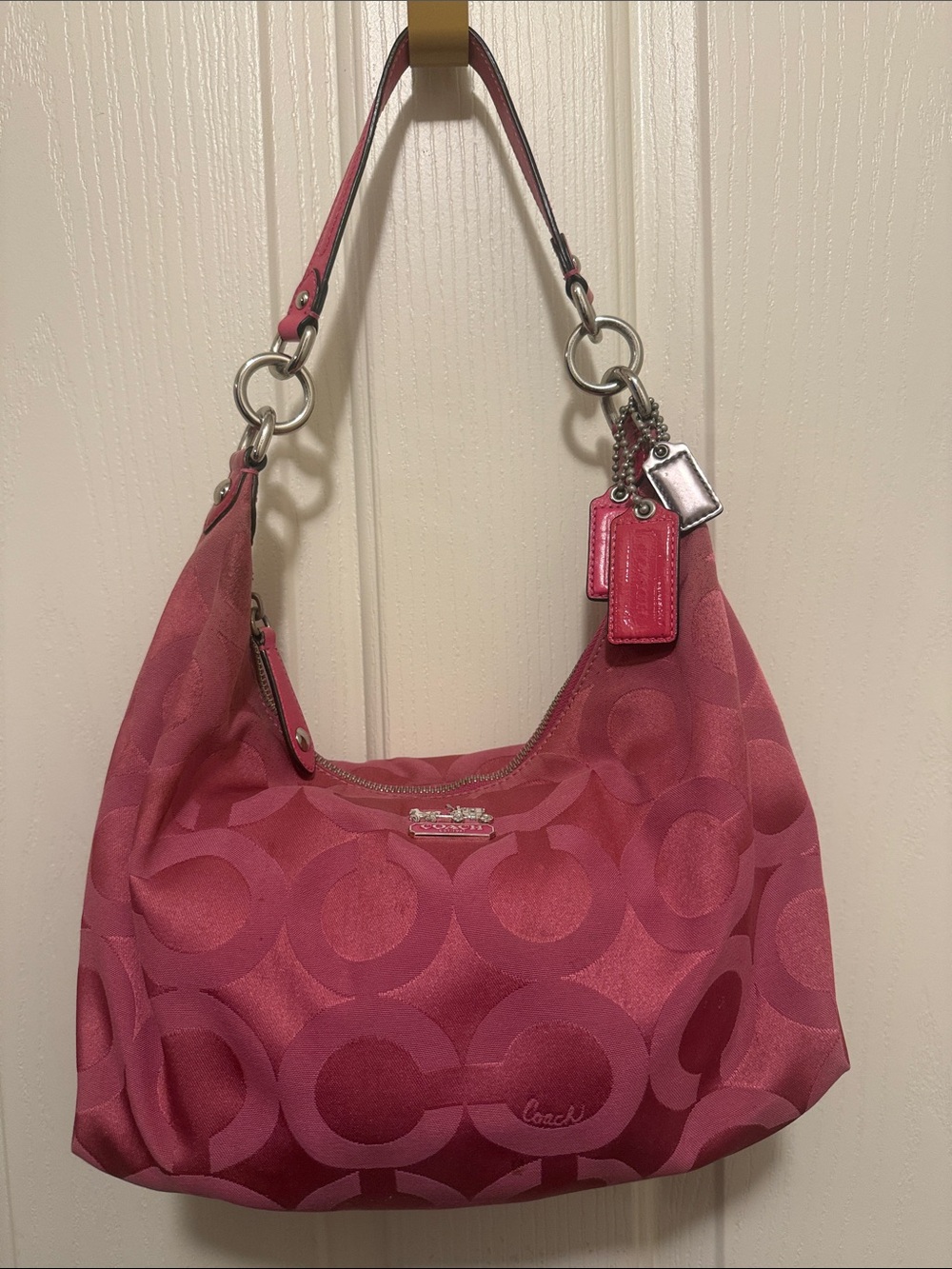 Coach Pink Signature Jacquard Hobo Bag with Silver Hardware Y2K
